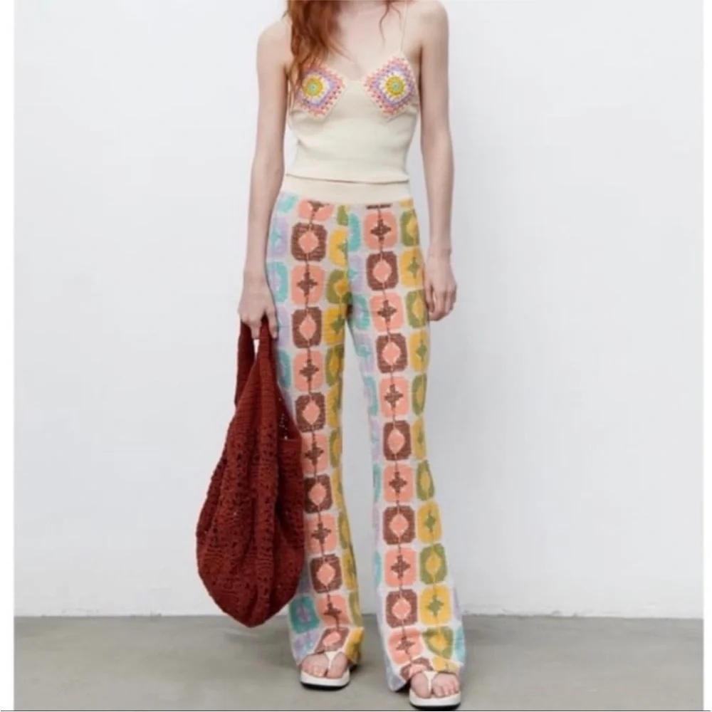 Zara Pastel Multicolor Patterned Boot Cut Pants